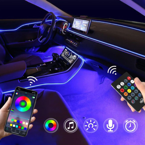 Światłowód do Samochodu Oświetlenie Ambient LED RGB 7m Aplikacja Pilot Zestaw XL Zasilany Zapalniczką Samochodową Światłowód do Samochodu Oświetlenie Ambient LED RGB 7m Aplikacja Pilot Zestaw XL Zasilany Zapalniczką Samochodową